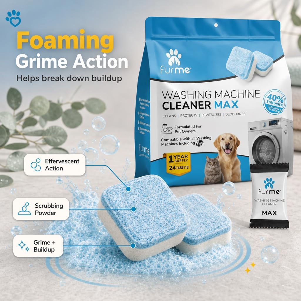 Washing Machine Cleaner MAX Tablets for Pet Owners – 24 Pack Deep Cleaning Descaler for HE Front & Top Load Washers –