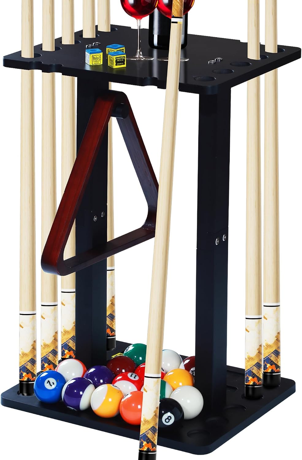 Pool Stick Holder with Multiple Storage, Floor-Standing Pool Cue Rack for 10 Cues, Pool Balls and Accessories, Wooden