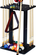 Pool Stick Holder with Multiple Storage, Floor-Standing Pool Cue Rack for 10 Cues, Pool Balls and Accessories, Wooden