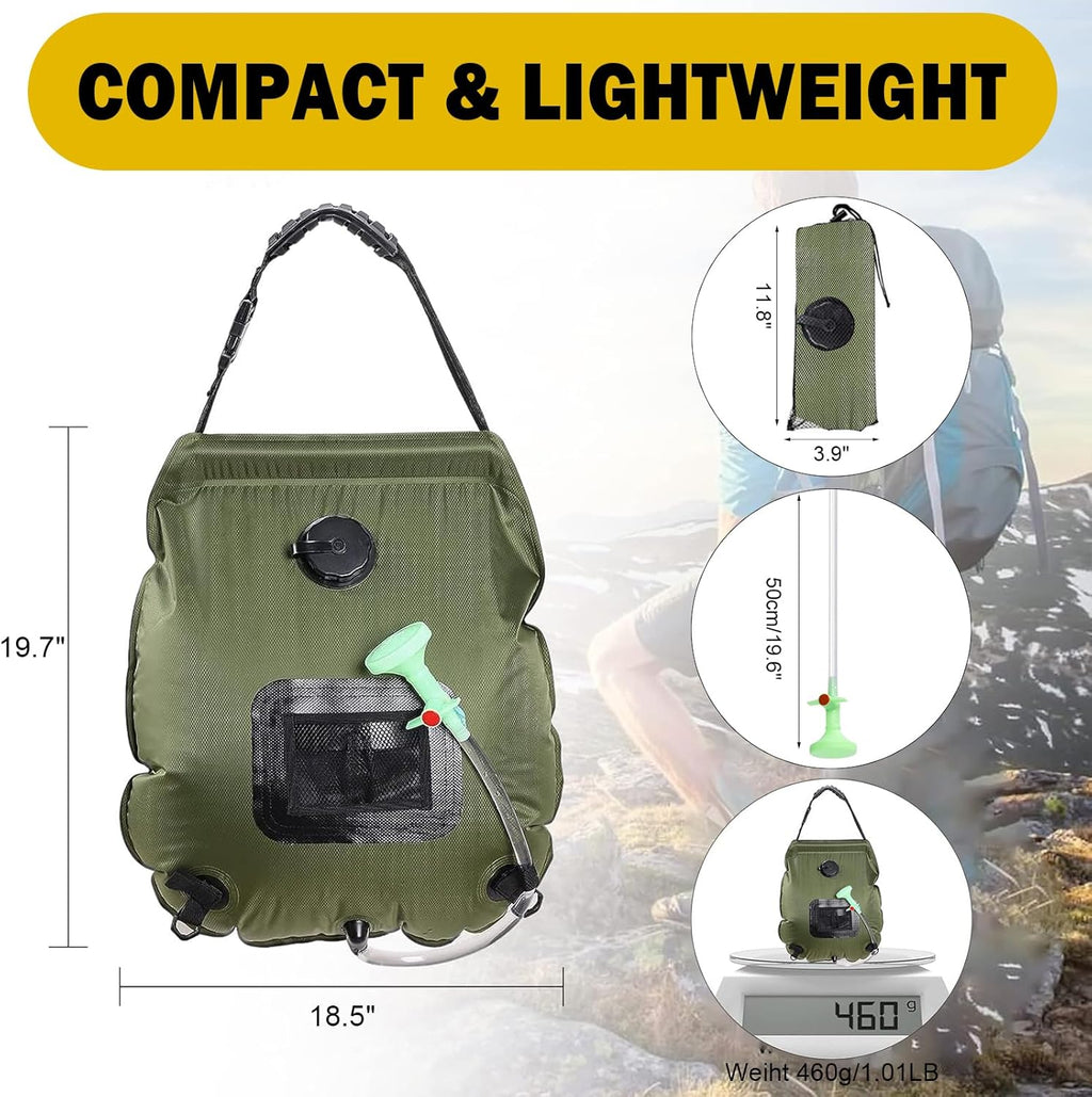 Solar Shower Bag | 5 Gal/20L Solar Heating Camping Shower Bag | Removable Hose | On-Off Switchable Shower Head |