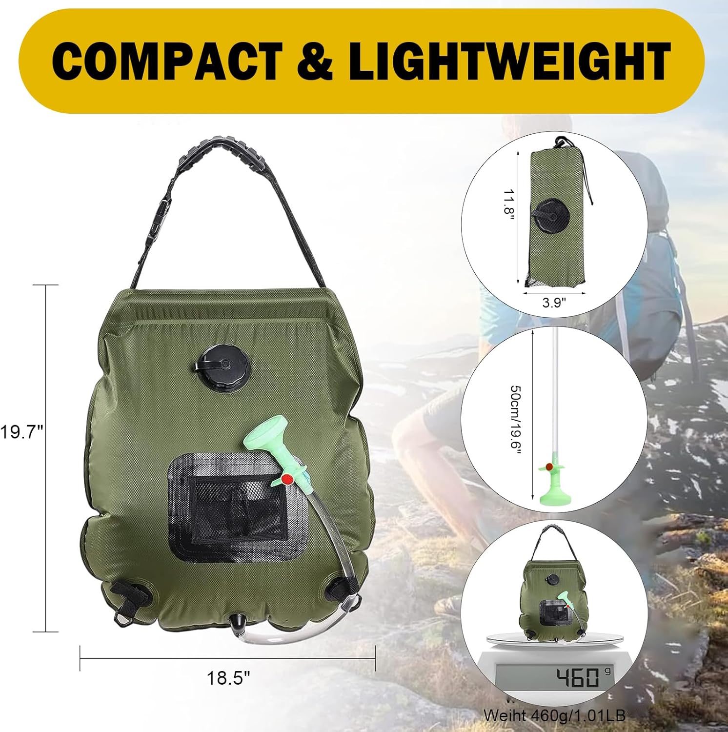 Solar Shower Bag | 5 Gal/20L Solar Heating Camping Shower Bag | Removable Hose | On-Off Switchable Shower Head |