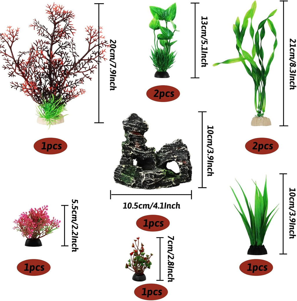 Fish Tank Decorations Plants with Resin Cave Rock View, 9pcs Aquarium Decorations Plants Plastic,Fish Tank