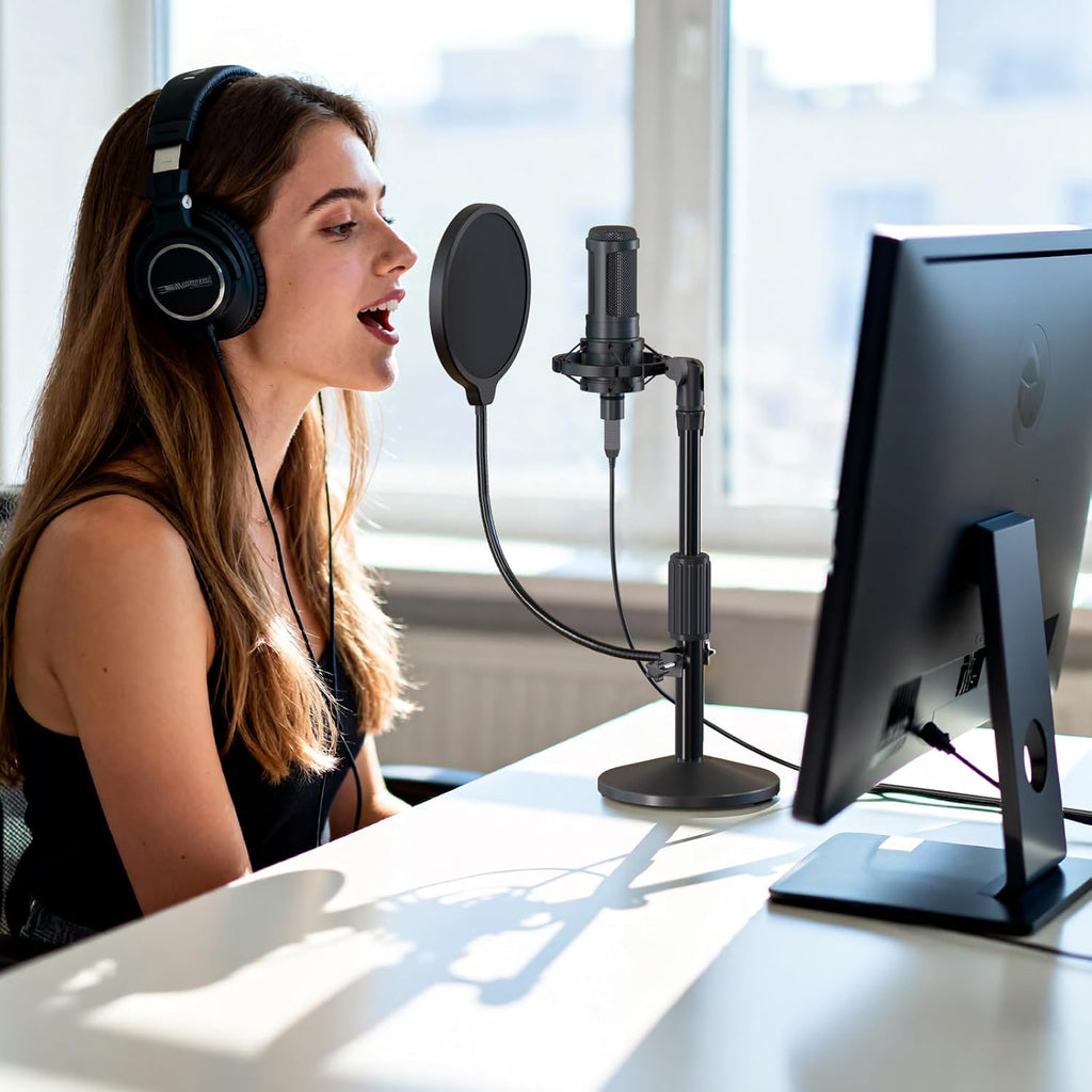 Desktop Microphone Stand,Adjustable Height Mic Stand with Pop Filter Shock Mount Mic Clip 3/8" to 5/8"