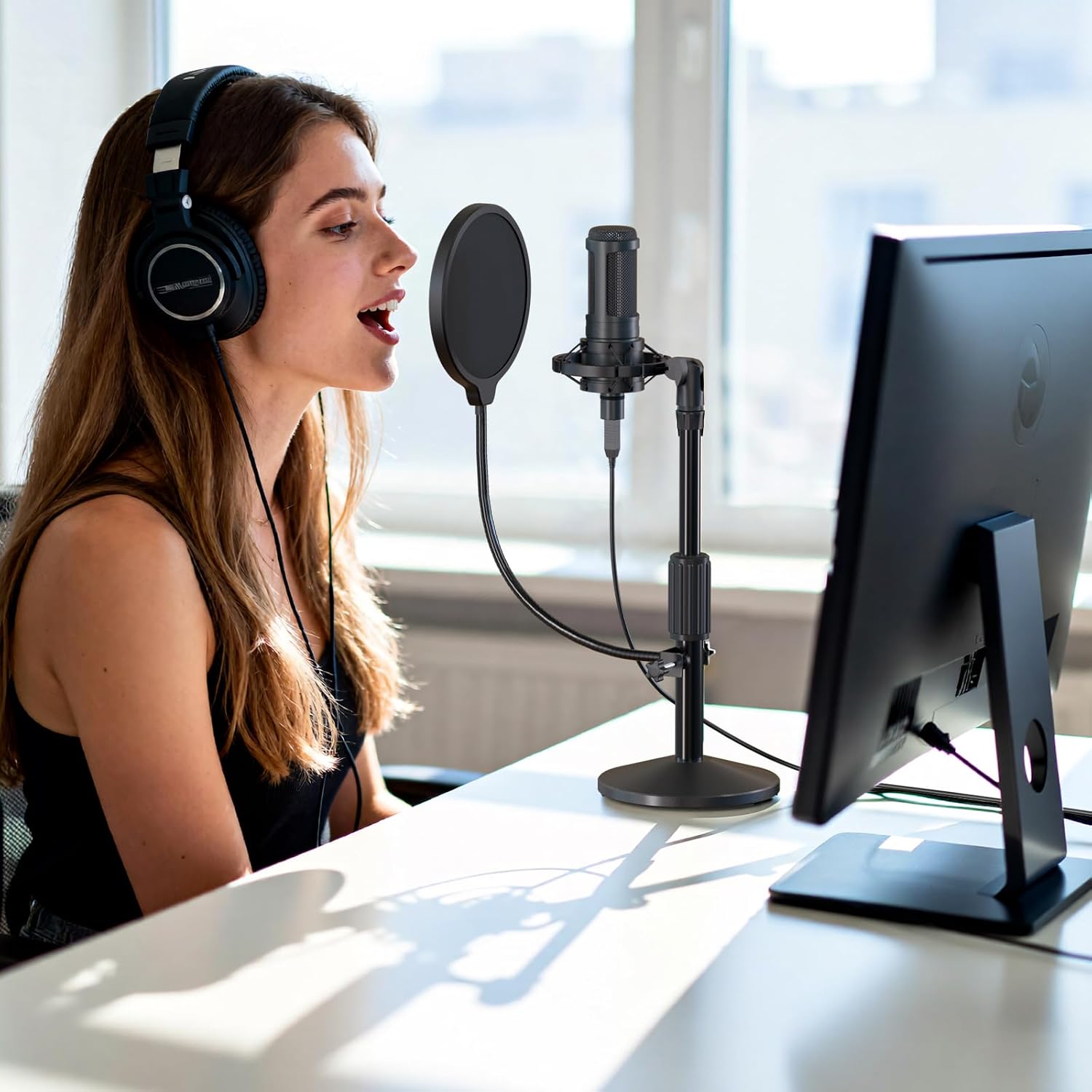 Desktop Microphone Stand,Adjustable Height Mic Stand with Pop Filter Shock Mount Mic Clip 3/8" to 5/8"