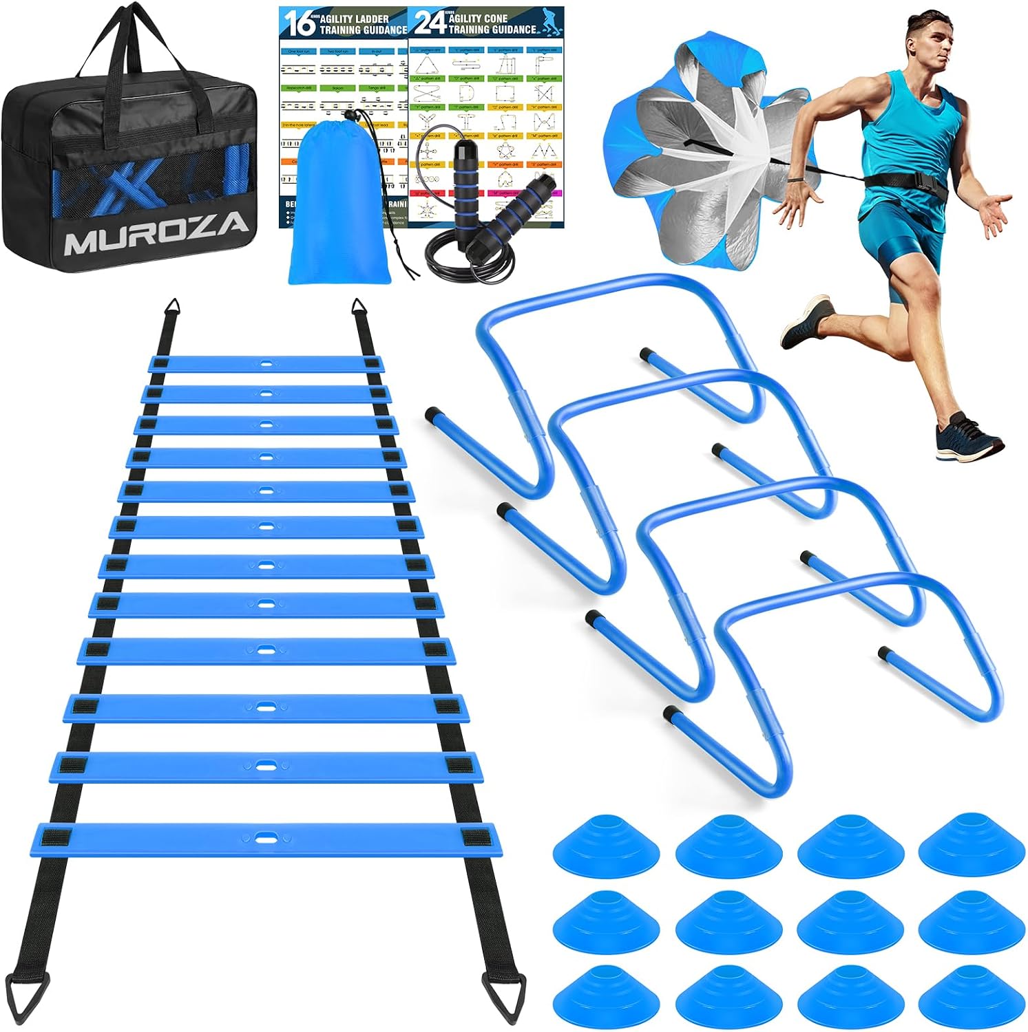Agility Ladder, Agility Speed Training Equipment Set, 20ft Speed Ladder | 4 Hurdles, 12 Soccer Cones, Jump Rope