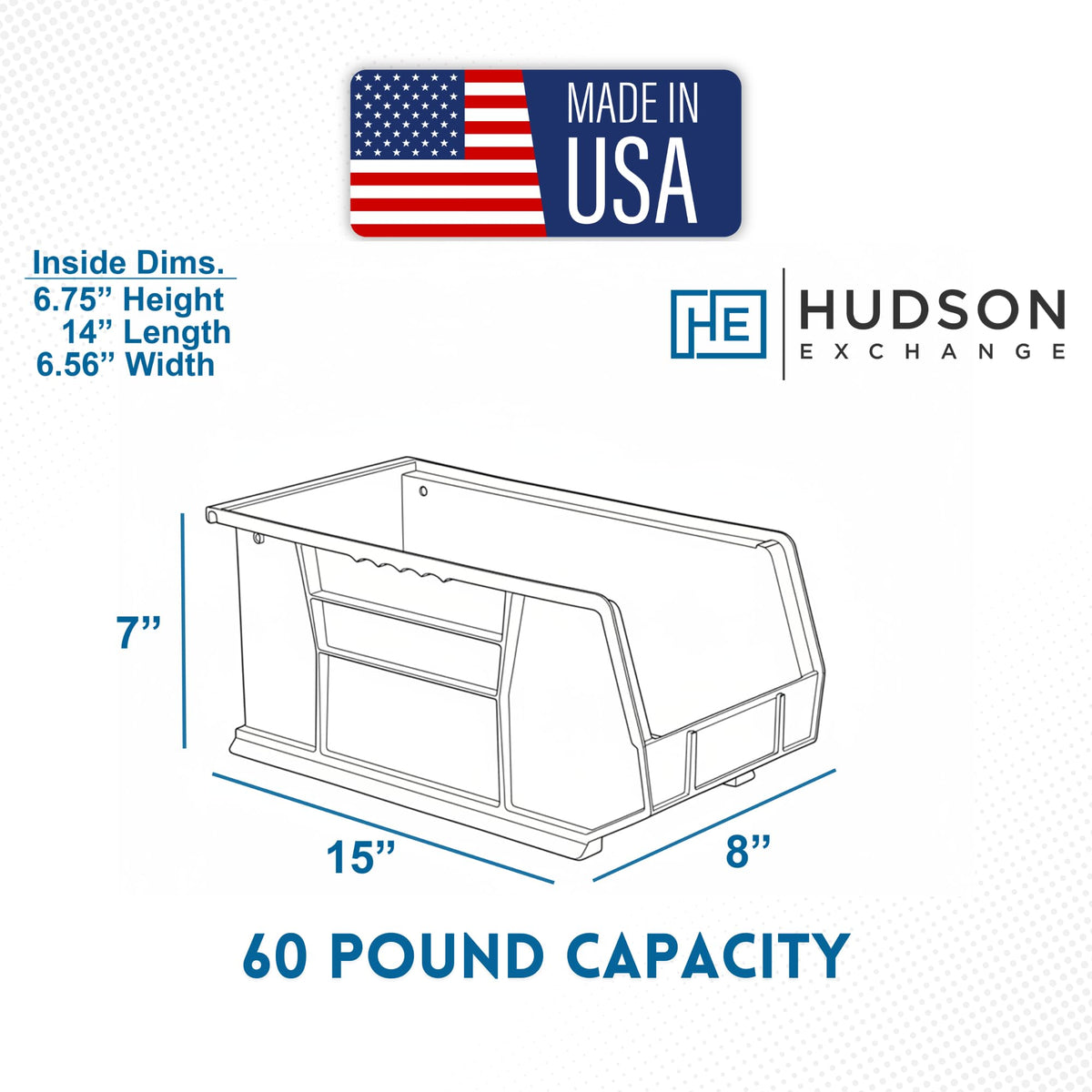 15" x 8" x 7" (12 Pack) Plastic Stackable Storage Bin, Hudson Blue