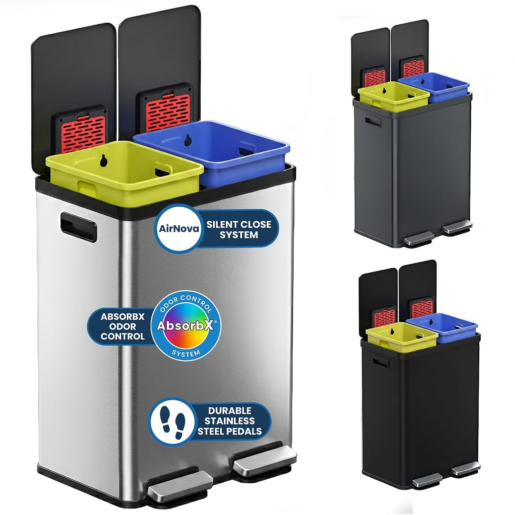 16 Gallon / 60L Dual Kitchen Trash Can & Recycle Bin, 2x8 Gal Removable Buckets, Soft-Close Stainless Steel Step