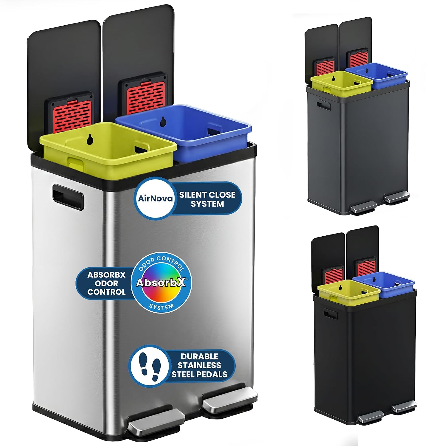 16 Gallon / 60L Dual Kitchen Trash Can & Recycle Bin, 2x8 Gal Removable Buckets, Soft-Close Stainless Steel Step