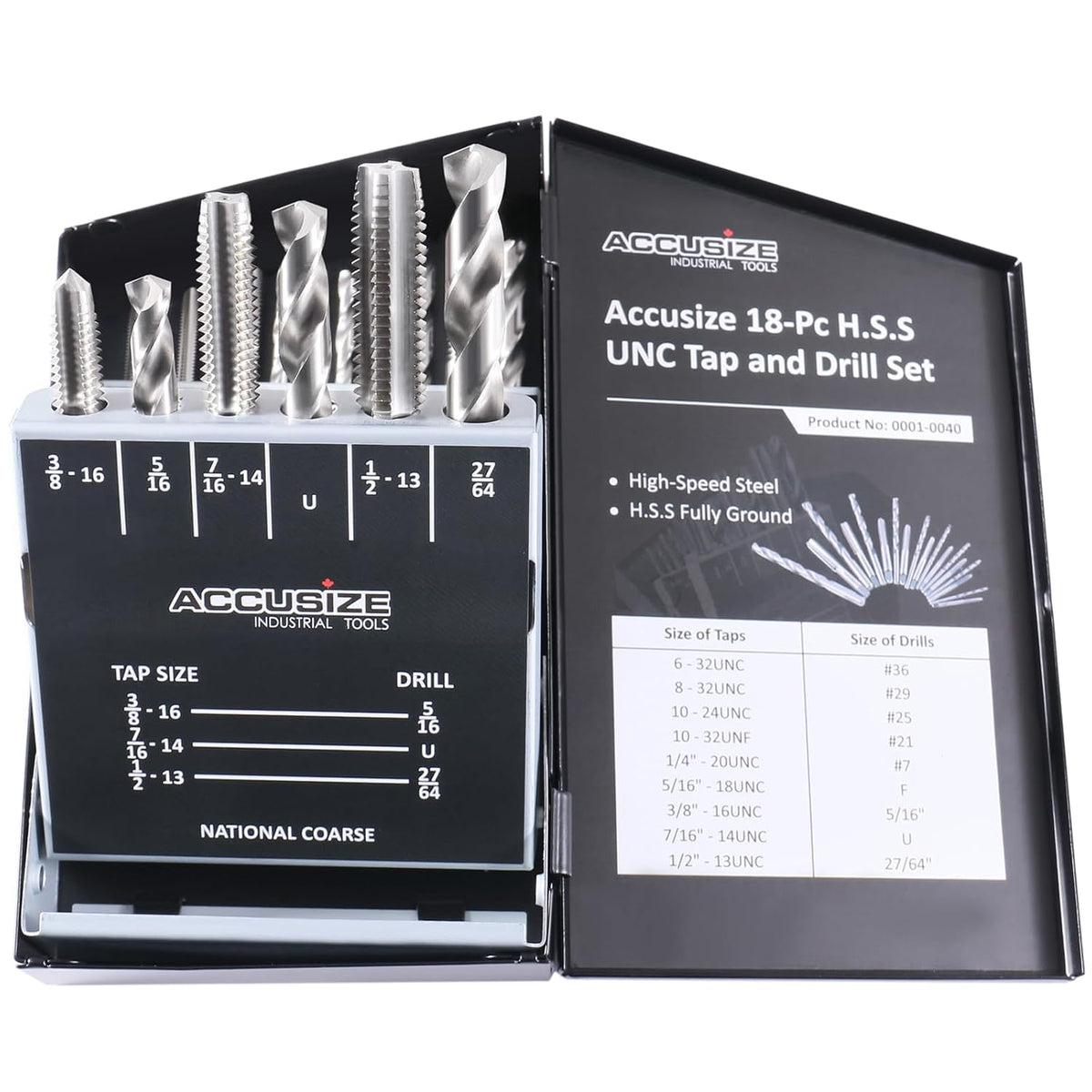 Accusize Industrial Tools HSS Tap and Drill Set, UNC, 18 Pc, 0001-0040