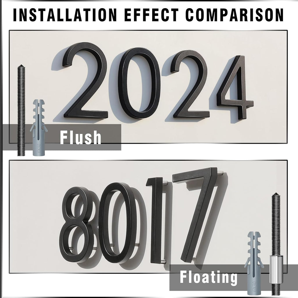 5.6-Inch Matte Black Floating House Numbers for Outside, Rustproof Zinc Alloy Metal Address Number Sign, Modern