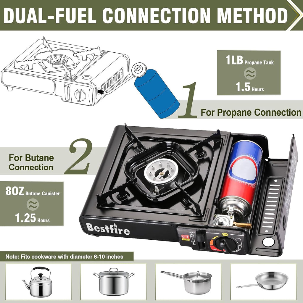 Portable Dual Fuel Camping Stove - 10,000 BTU Butane and Propane Stove with Adapter & Case - Single Burner Gas Stove