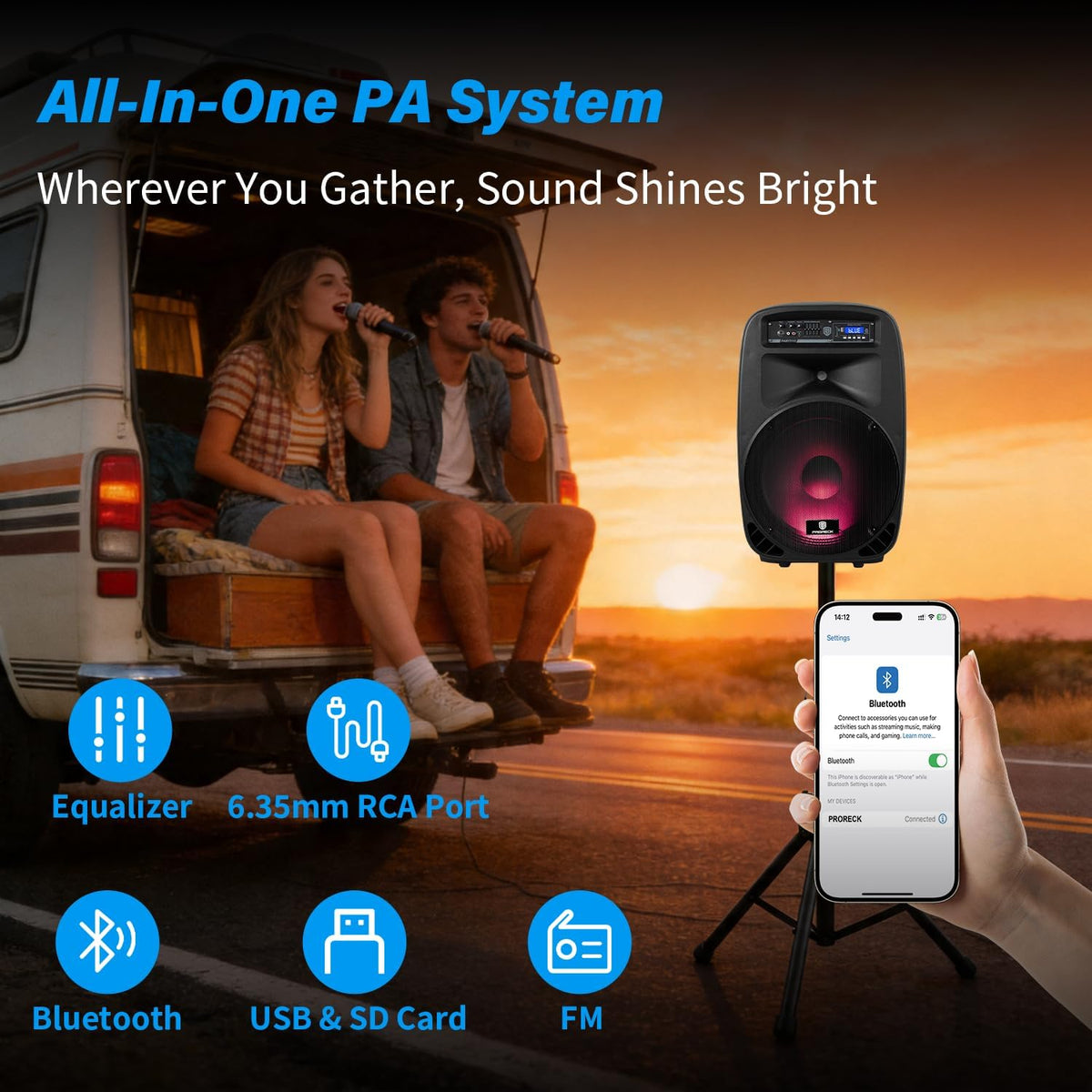 Party 15 Portable 15-Inch 2000 Watt 2-Way Powered PA Speaker System Combo Set with Bluetooth/USB/SD Card/FM/Remote