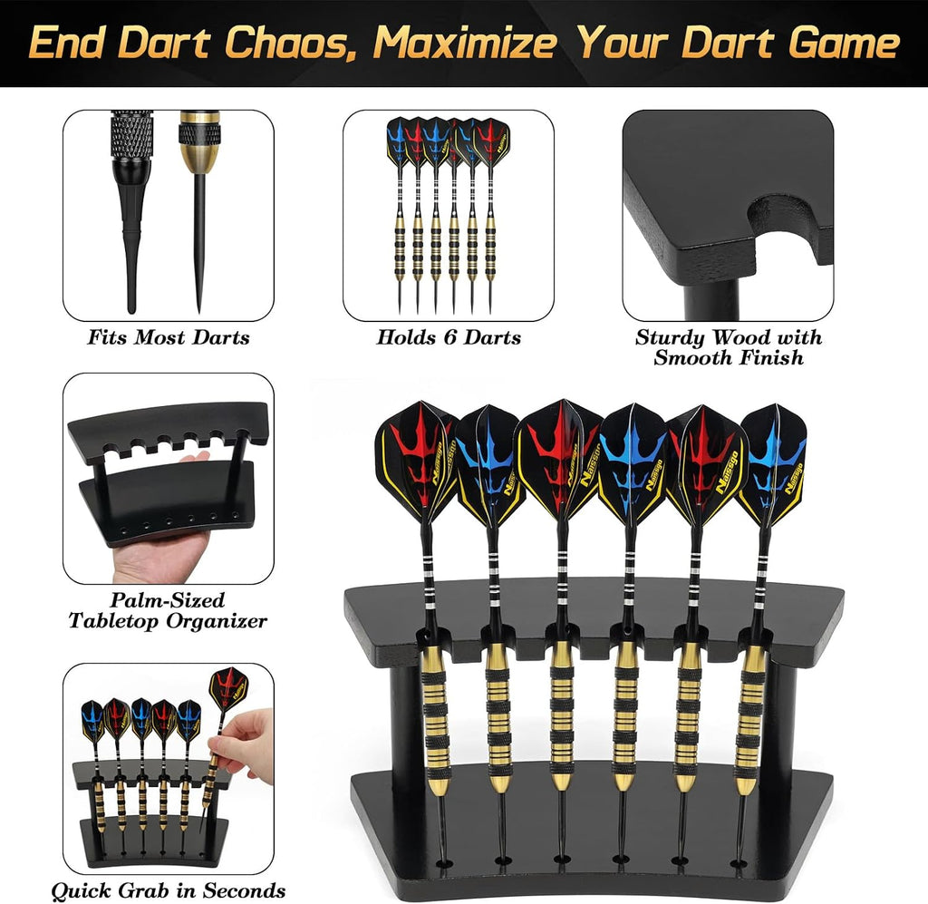 Wooden Dart Holder Stand for Desk or Shelf – Holds 6 Fully Assembled Steel or Soft Tip Darts – Compact Tabletop