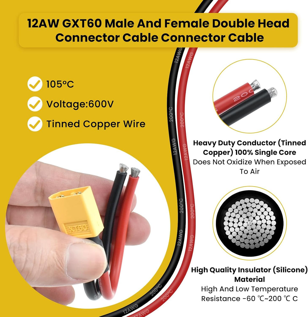 5 Pairs XT60 Plug Female and Male Connector with 3.9inch 12AWG Silicon Wire