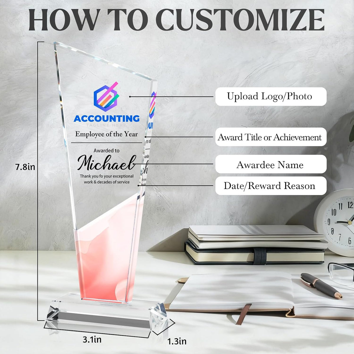 Personalized Crystal Trophy Award - Custom Plaque Award with Text Logo Photo - Employee Recognition Awards and