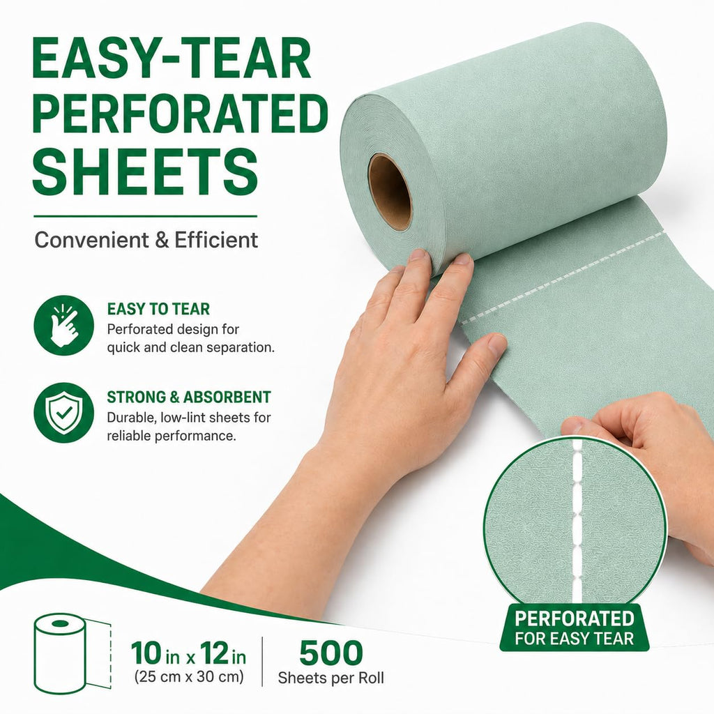 Cleanroom Wipes Roll, 10x12" 500 Sheets Green, Cellulose Polyester