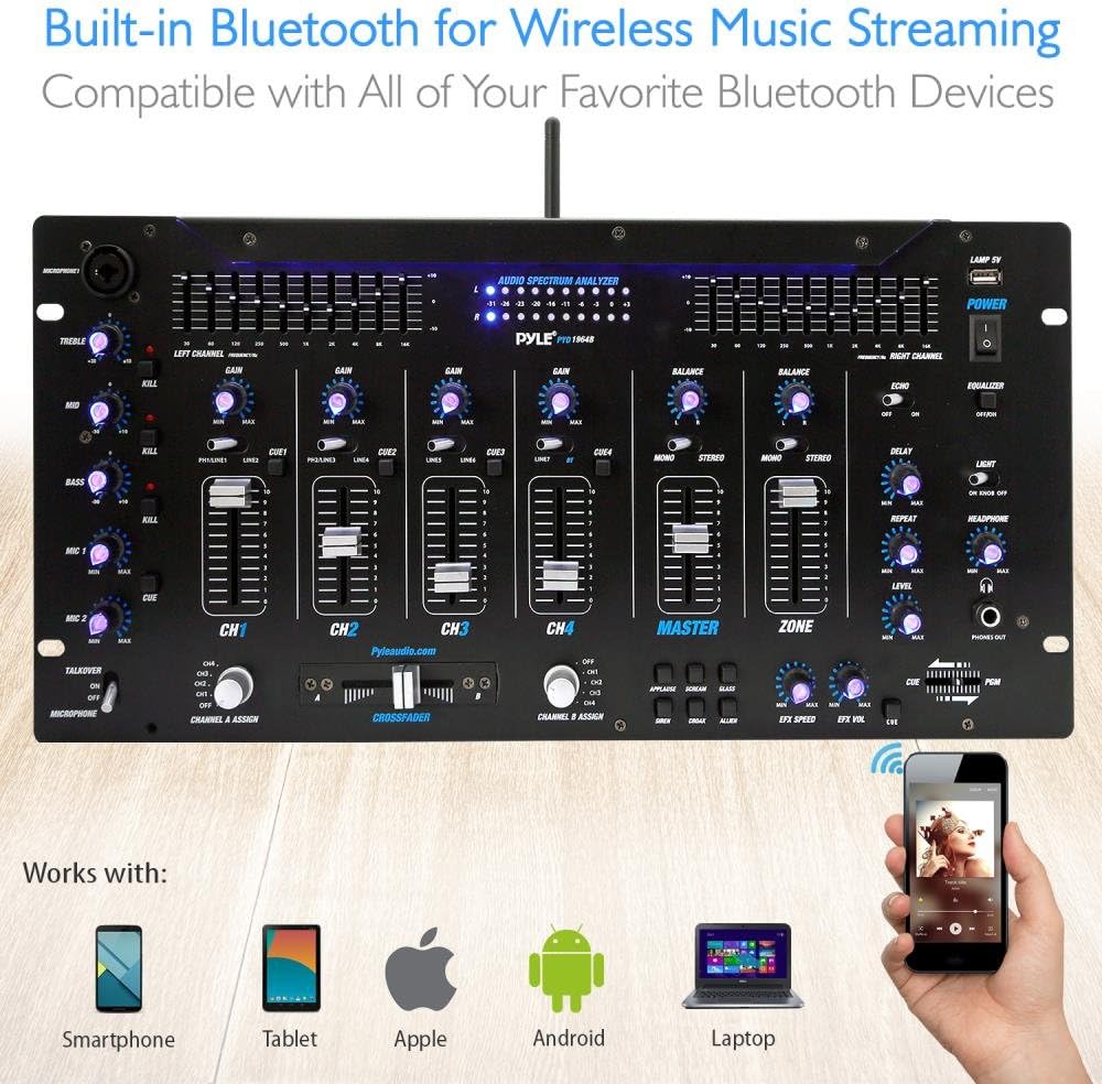 6 Channel Mixer DJ Controller with Bluetooth, Professional Sound Digital Mixing System with LED Illumination, Slider