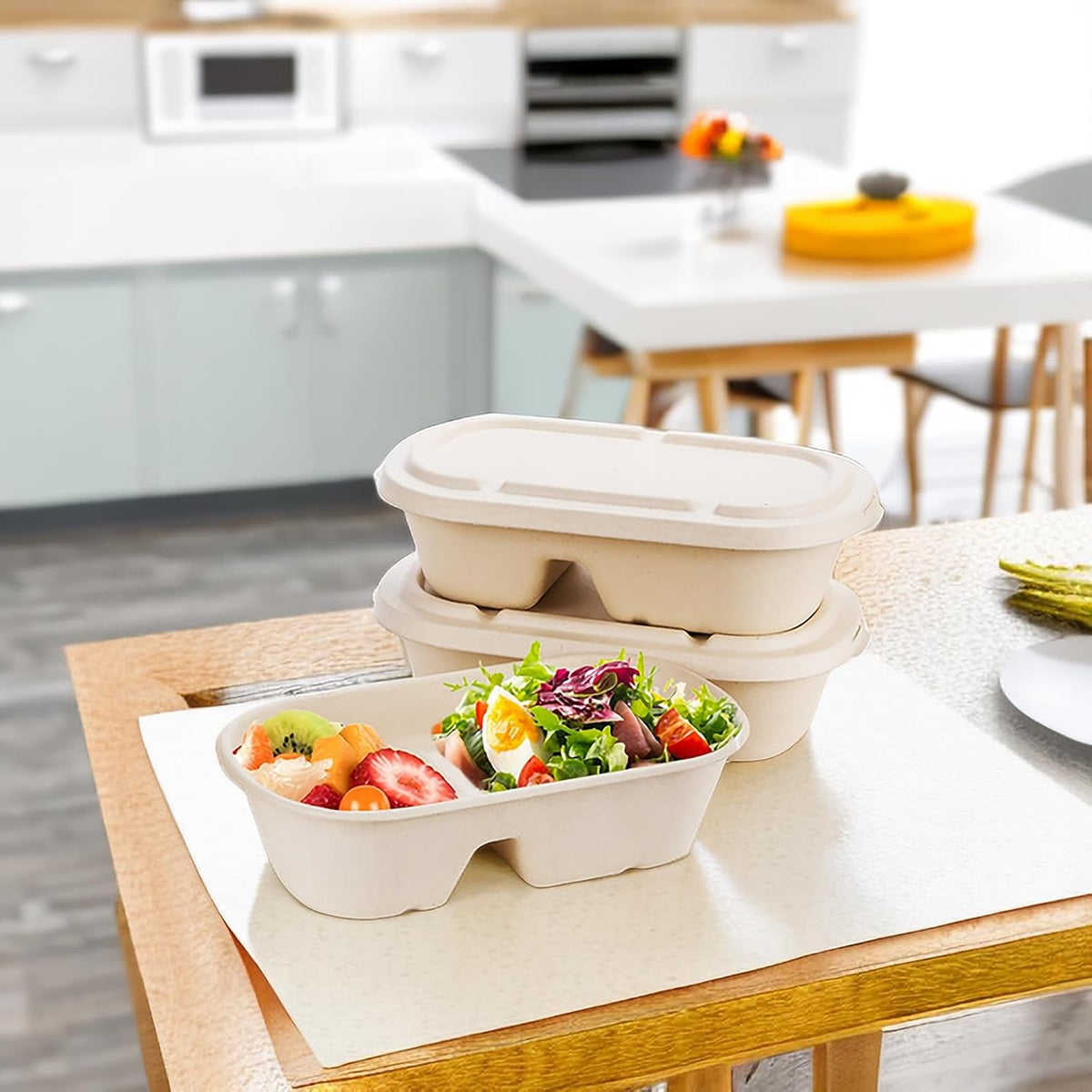 50 Pcs Compostable Take Out Food Containers with Lid, 33 oz Bagasse to Go Container 2 Compartment Rectangular