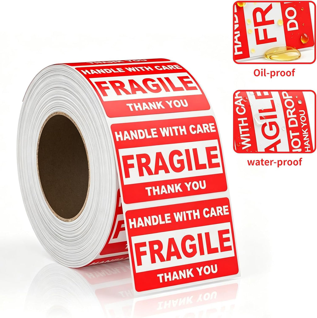 Fragile Stickers 2" x 3", Handle with Care Labels, Permanent Adhesive Small Shipping Stickers for Mailing, Packing