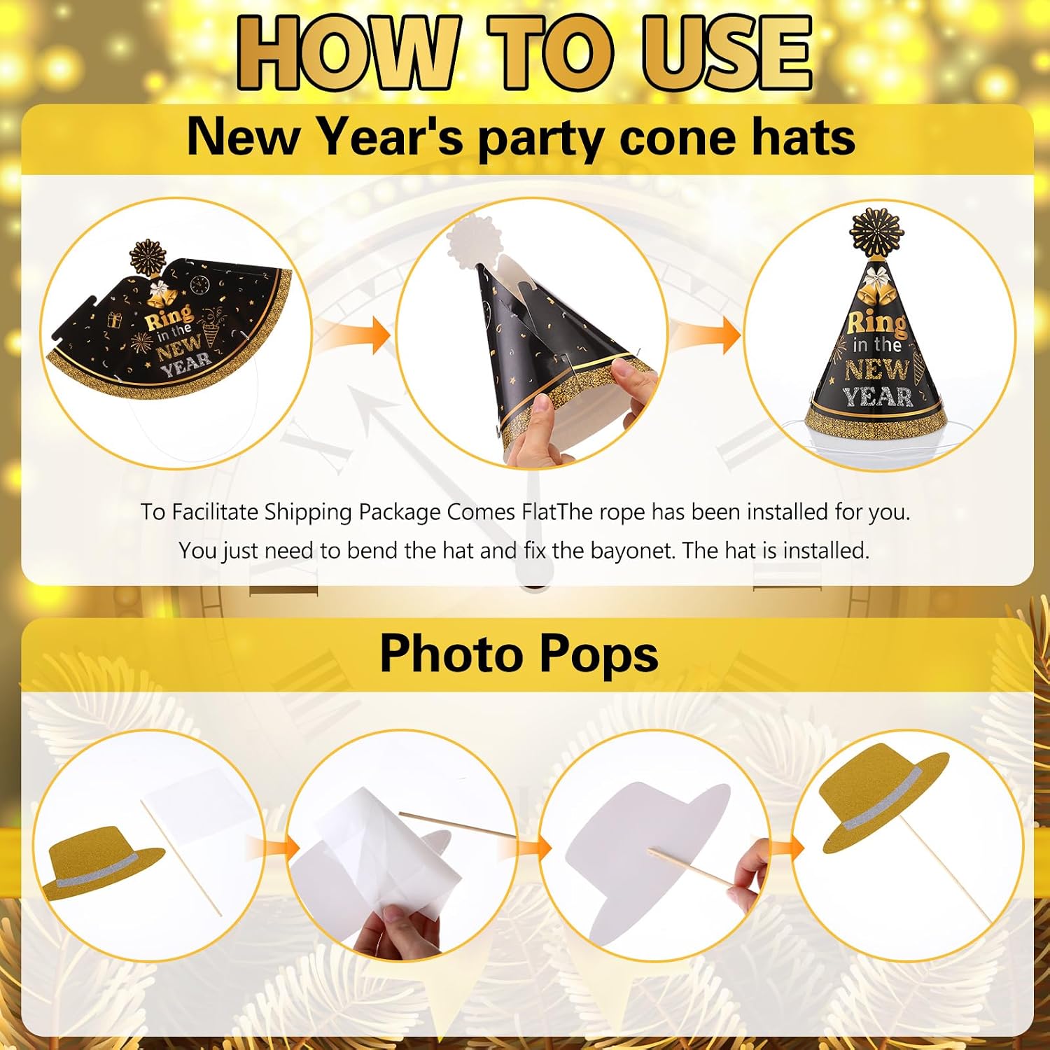 328 Pcs New Years Eve Party Supplies Set 2027 for 48 People Include Top Hats Cone Hats Headband Tiara Horns Noise