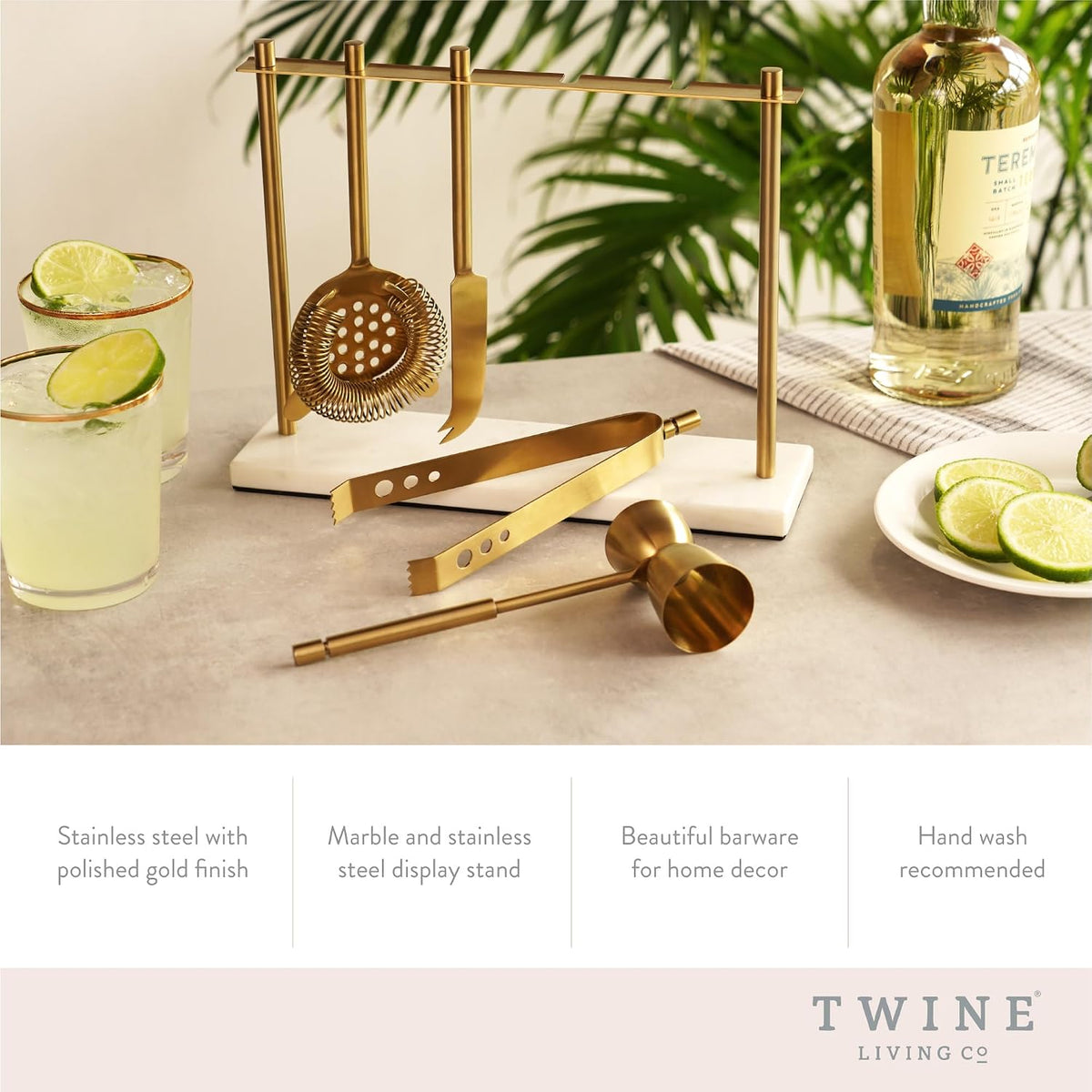 Bar Tool Set Includes Hawthorne Strainer, Citrus Knife, Ice Tongs, Double Jigger with Marble Display Stand for