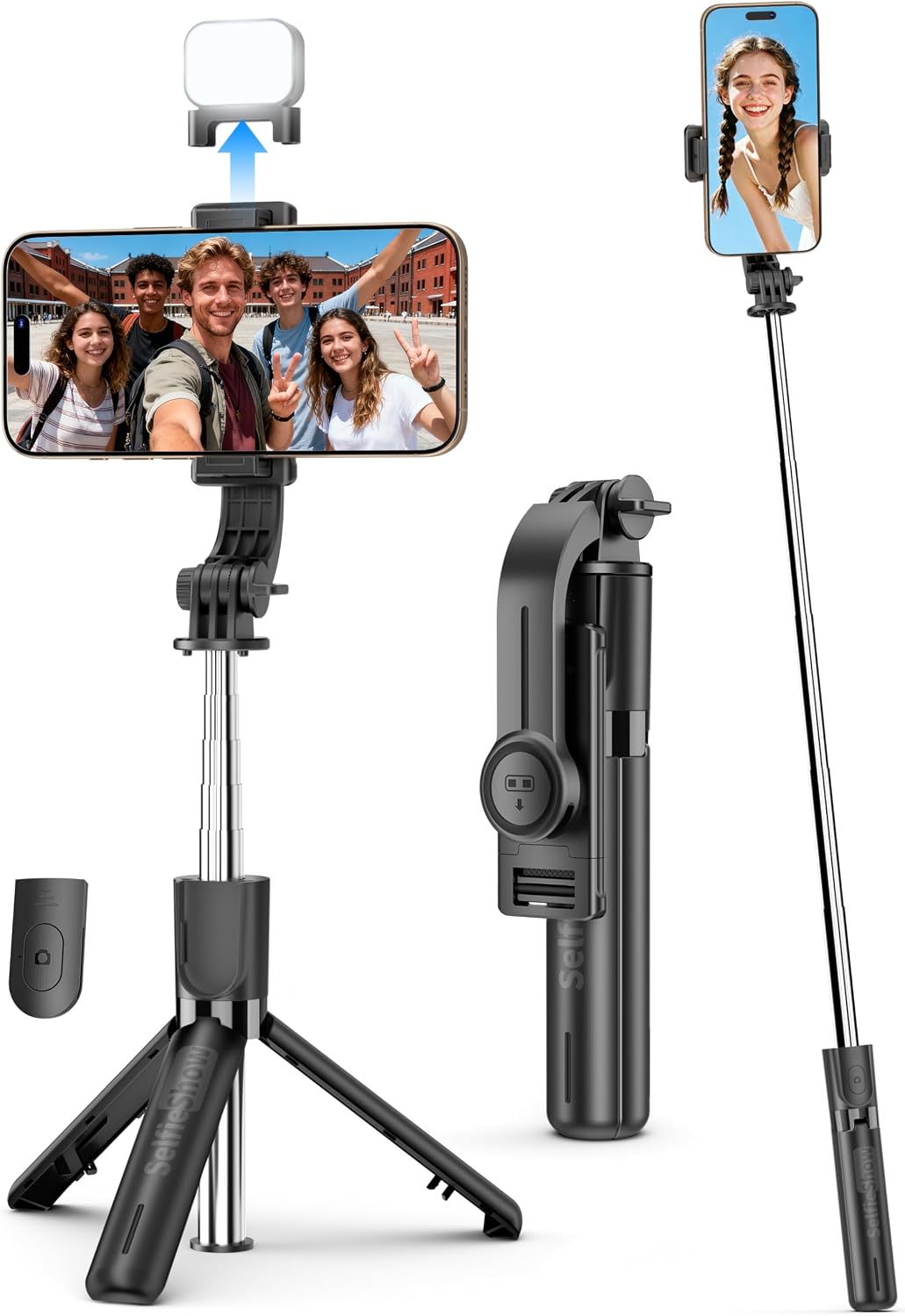 Mini Selfie Stick Travel Tripod for Cell Phone with Light, Extendable Selfie Stick for iPhone with Detachable Remote