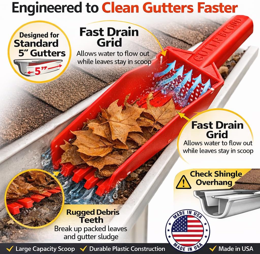 Gutter Scoop Gutter Cleaning Tool for Standard gutters, Under Gutter Guards, Teeth to Scrape Debris (Red)