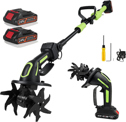 21V Cordless Tiller Cultivator, 2-in-1 Electric Garden Tiller with 2×1.5Ah Batteries, 550W Hand Tiller, 100mm Tilling