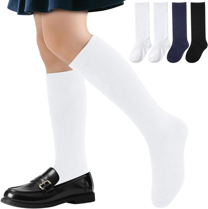 4 Pairs Calf Knee High Sock for Girl Kid Boy, Cotton School Uniform Unisex Solid Seamless Sock for Dress