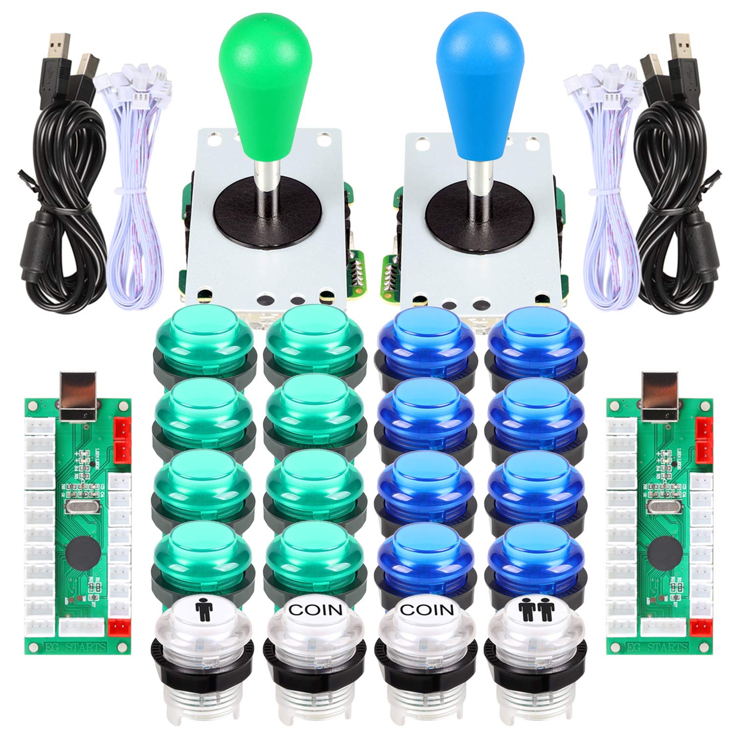 2 Player Arcade Game DIY Kits Part 2 Ellipse Oval Bat Joystick Handles + 20 LED lit Arcade Buttons Green & Blue Kits