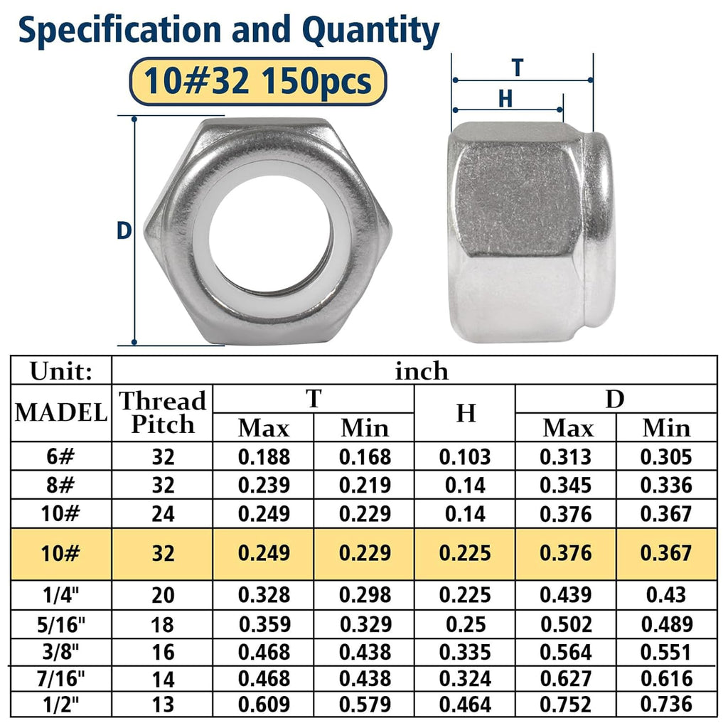 #10-32 Lock Nut, 150Pcs Stainless Steel Nylock Insert Locking Nuts