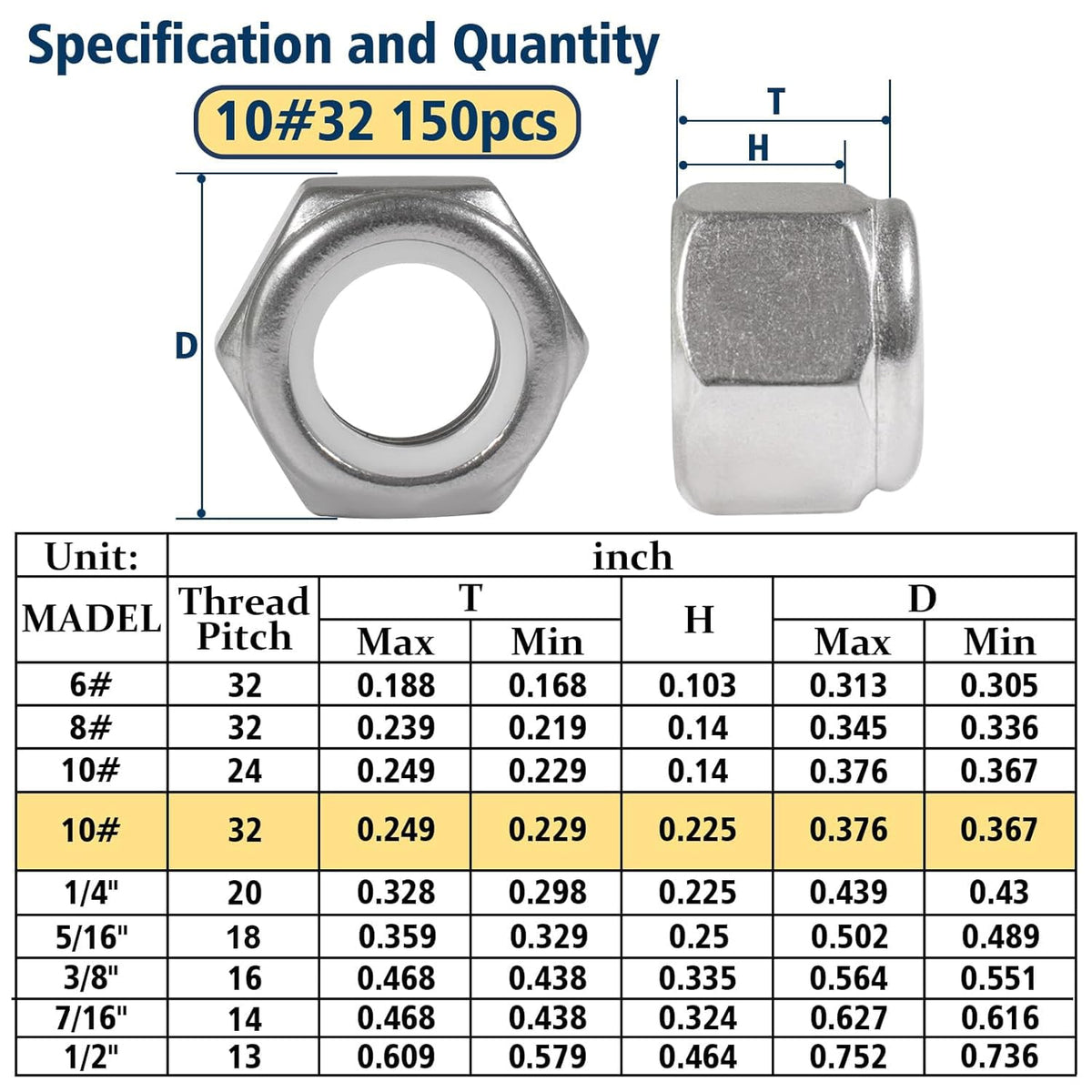 #10-32 Lock Nut, 150Pcs Stainless Steel Nylock Insert Locking Nuts