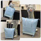 Expandable Rolling Travel Bag with Removable Wheels & Handle, Large Capacity Wheeled Duffle Tote, Foldable Carry On
