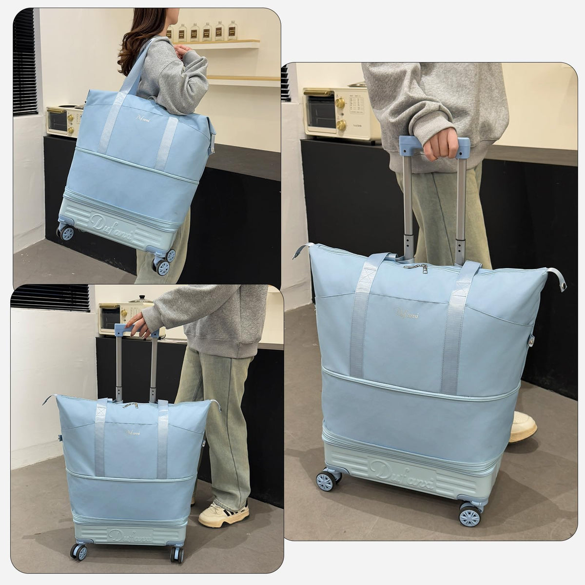 Expandable Rolling Travel Bag with Removable Wheels & Handle, Large Capacity Wheeled Duffle Tote, Foldable Carry On