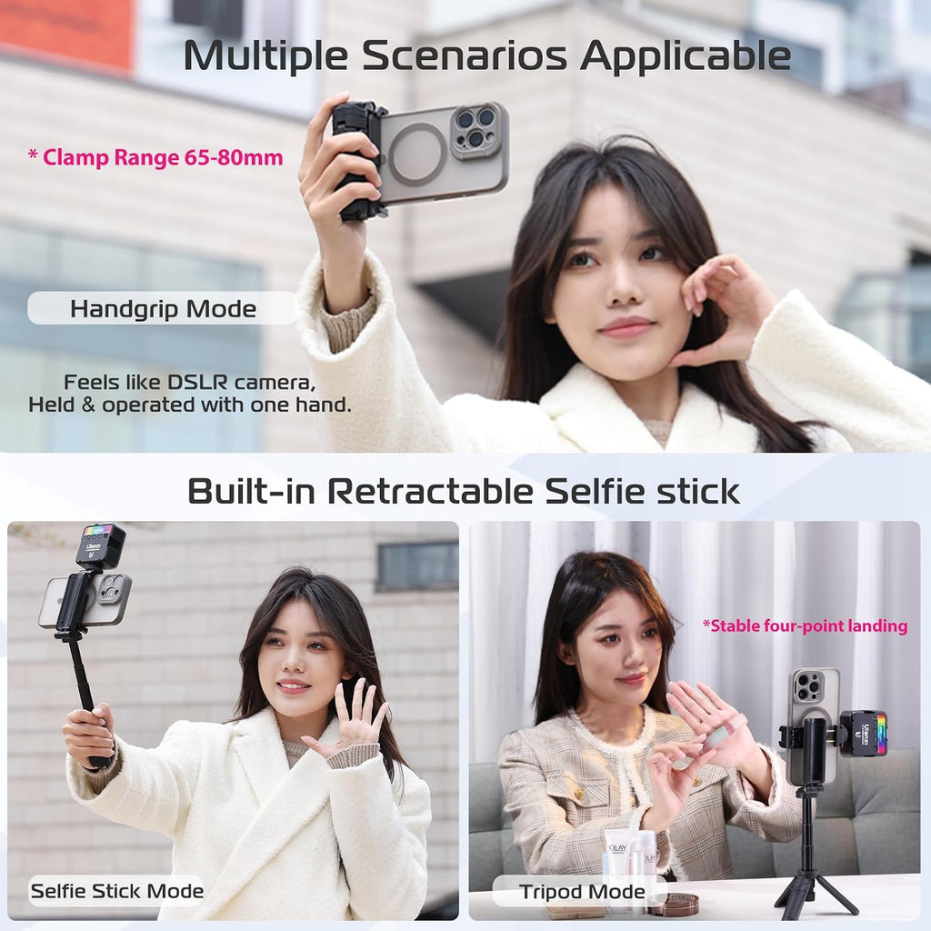 JJ02 Selfie Stick Tripod, Portable Pocket Size Phone Tripod Holder | 3-in-1 Mini Phone Grip, Detachable Remote, 2