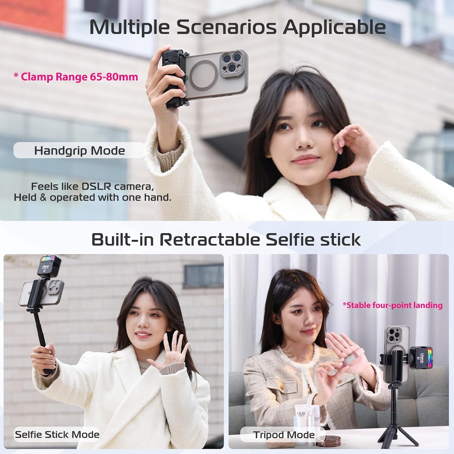JJ02 Selfie Stick Tripod, Portable Pocket Size Phone Tripod Holder | 3-in-1 Mini Phone Grip, Detachable Remote, 2