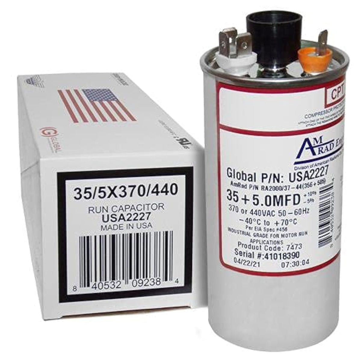 Goodman CAP050350440RSP Replacement - 35 + 5 uf/Mfd 370/440 VAC AmRad Round Dual Universal Capacitor, Made in The U.S.A.