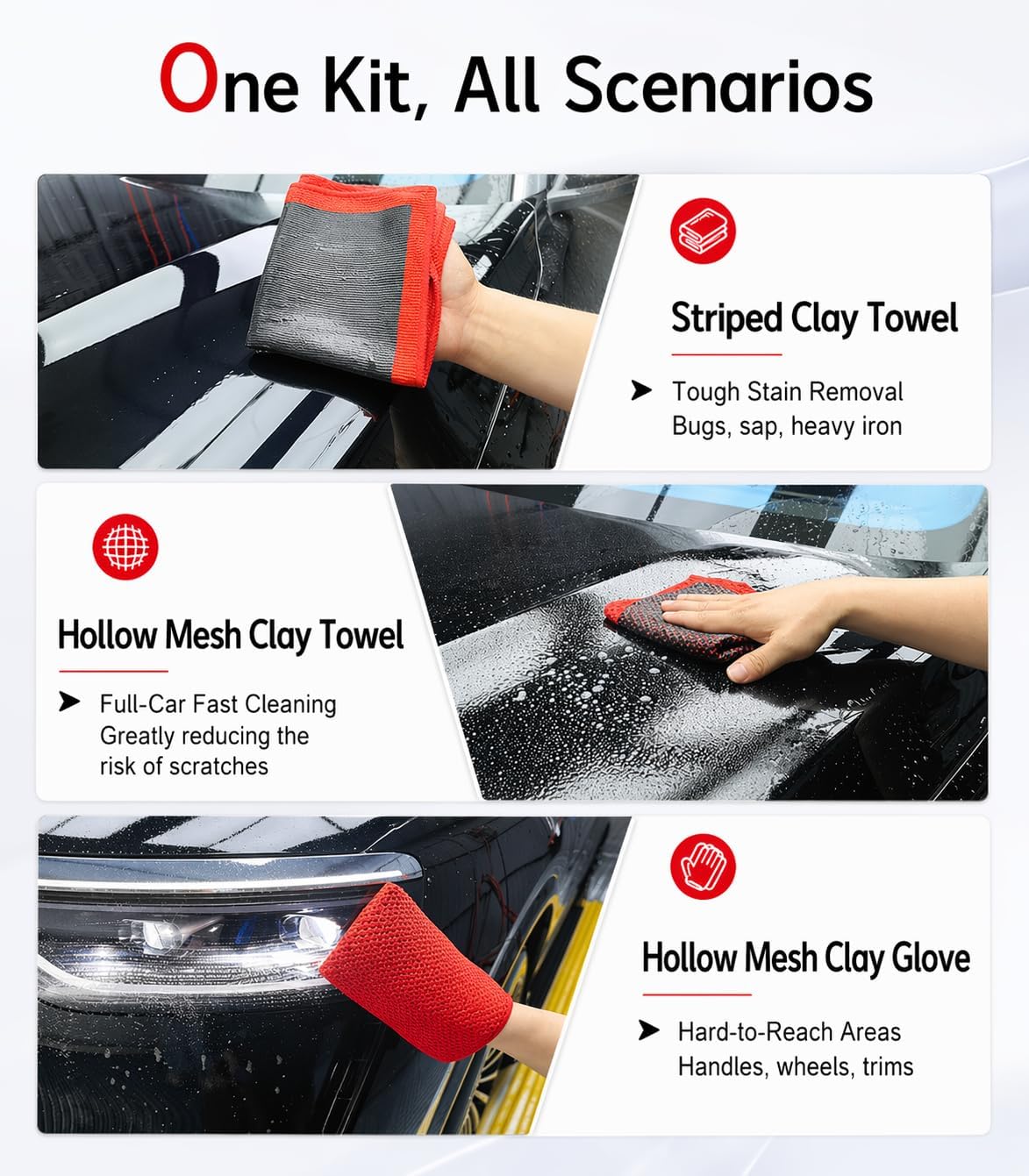3-in-1 Clay Towel Kit for Car Detailing, 12" x 12" Clay Towels & Clay Mitt, Upgraded Rubber Polymer Coating