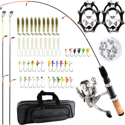 Ice Fishing Rod and Reel Combo Set Carbon Portable Complete Kit | with Tackle Bag Ice Jigs Ice Cleats Spinning Reels