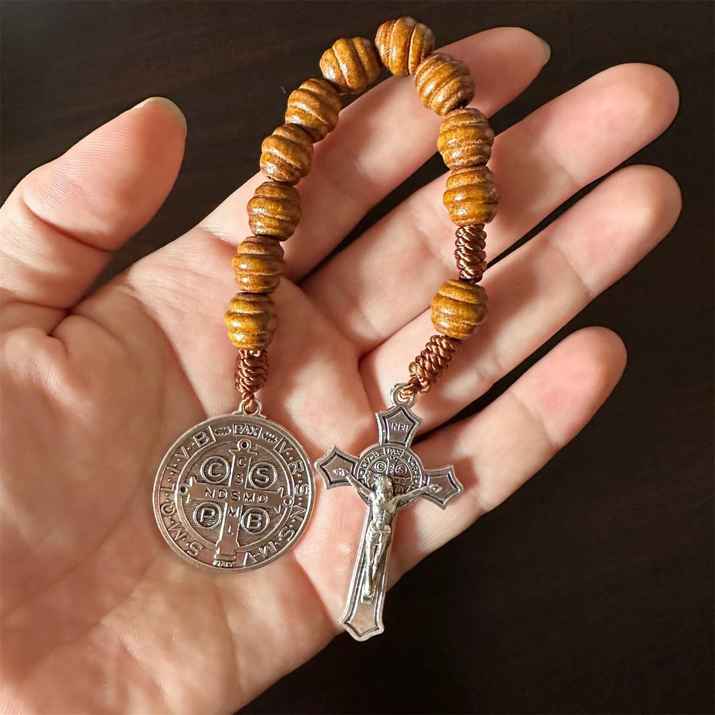 Saint Benedict Medal Prayer Pocket Rosary Catholic Brown Wood Beads with Medalla de san benitol and Crucifix, 9 Inch