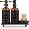 [Luxury] Kitchen Soap Dispenser Set - 16OZ Amber Glass Bottle, Stainless Steel Pump, Instant Dry Tray, Waterproof