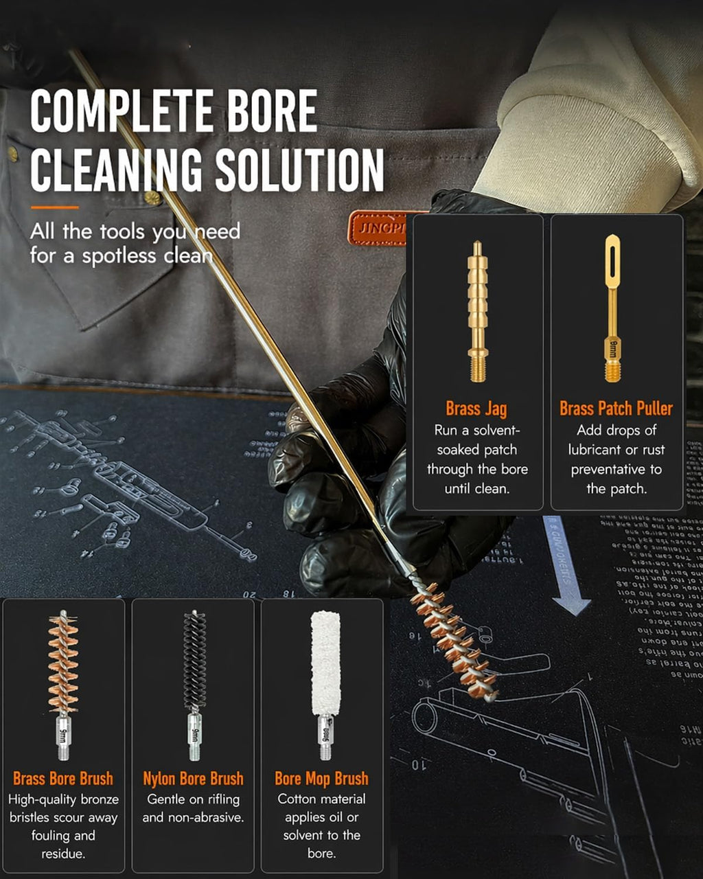 Pistol Basics Single-Caliber Cleaning Kit, Handgun Cleaning kit for 9mm, .22, .380, .40, .45Cal with Gun Snakes in