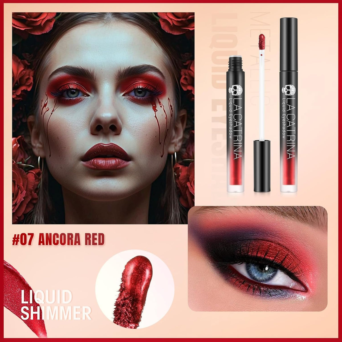 Liquid Red Metallic Eyeshadow - Pigmented True Red Sparkle Goth Eyeshadow for Blue Eyes, Long Lasting Waterproof