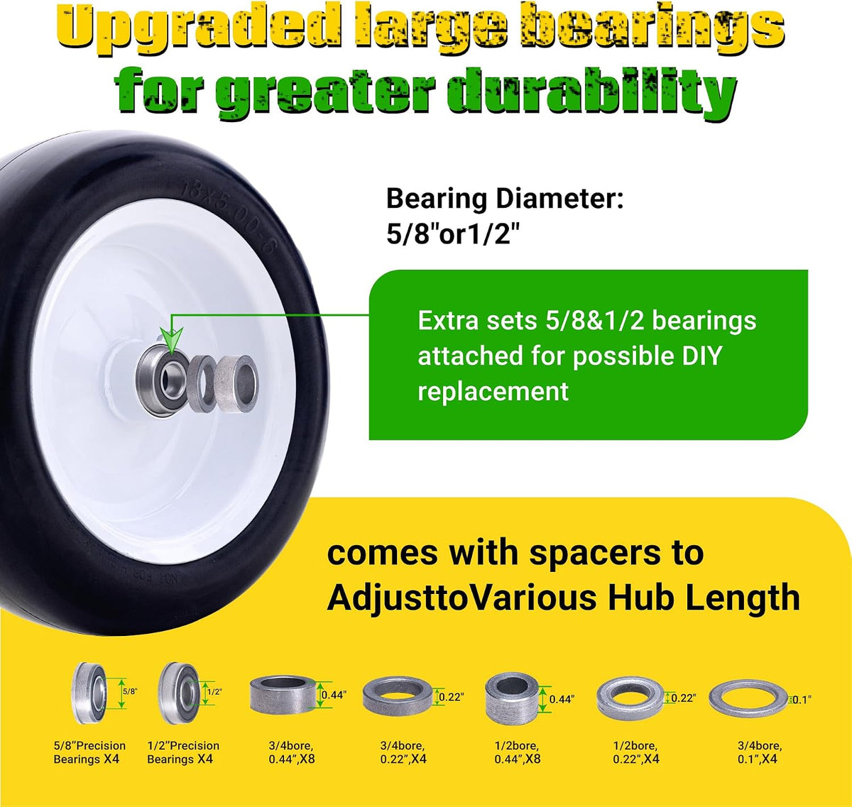 (2 Pack) 13x5.00-6 Flat Free Lawn Mower Tire and Wheel Assembly | Universal 3/4", 5/8" and 1/2" Bearings, 4.3"-6.7"