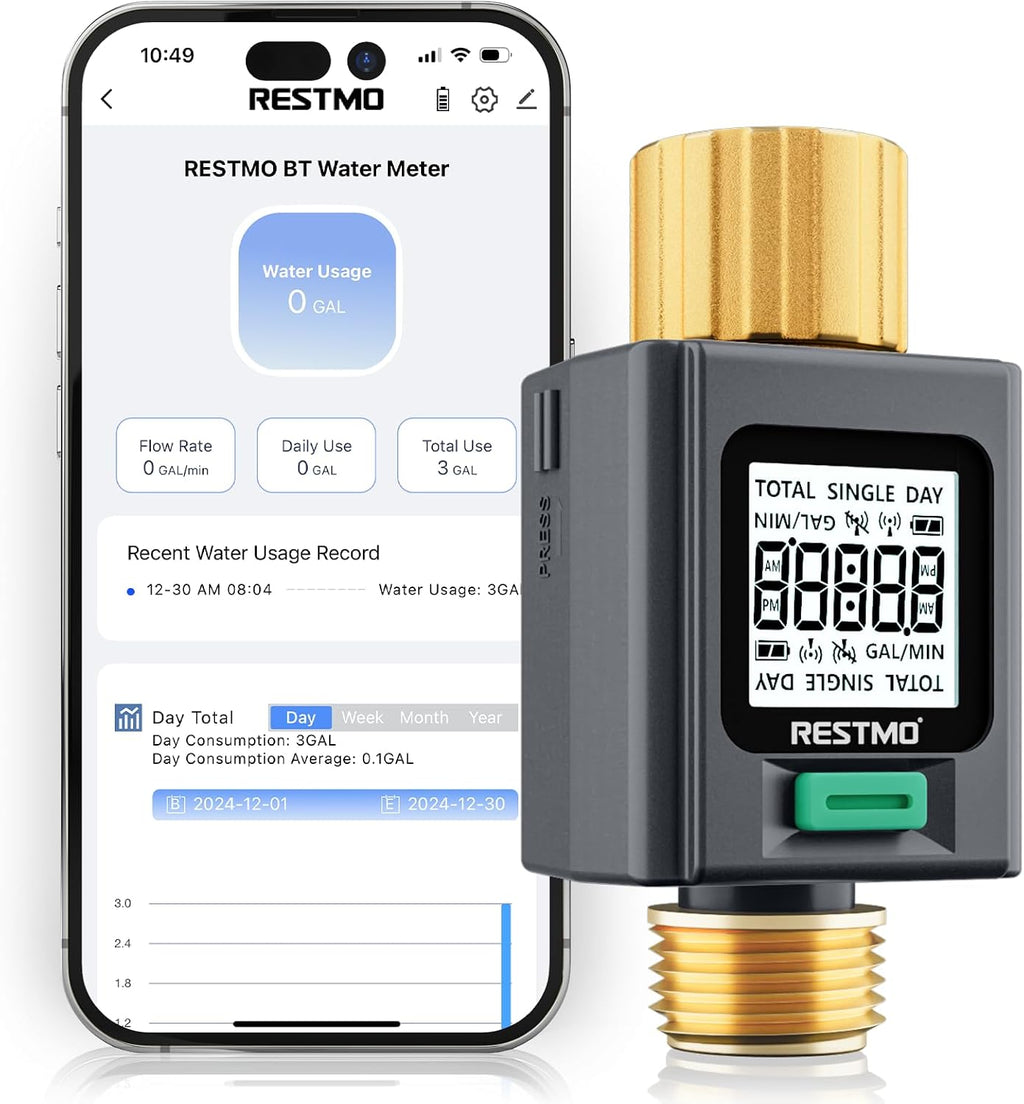 RESTMO Smart Water Flow Meter with Screen Backlight, APP Control