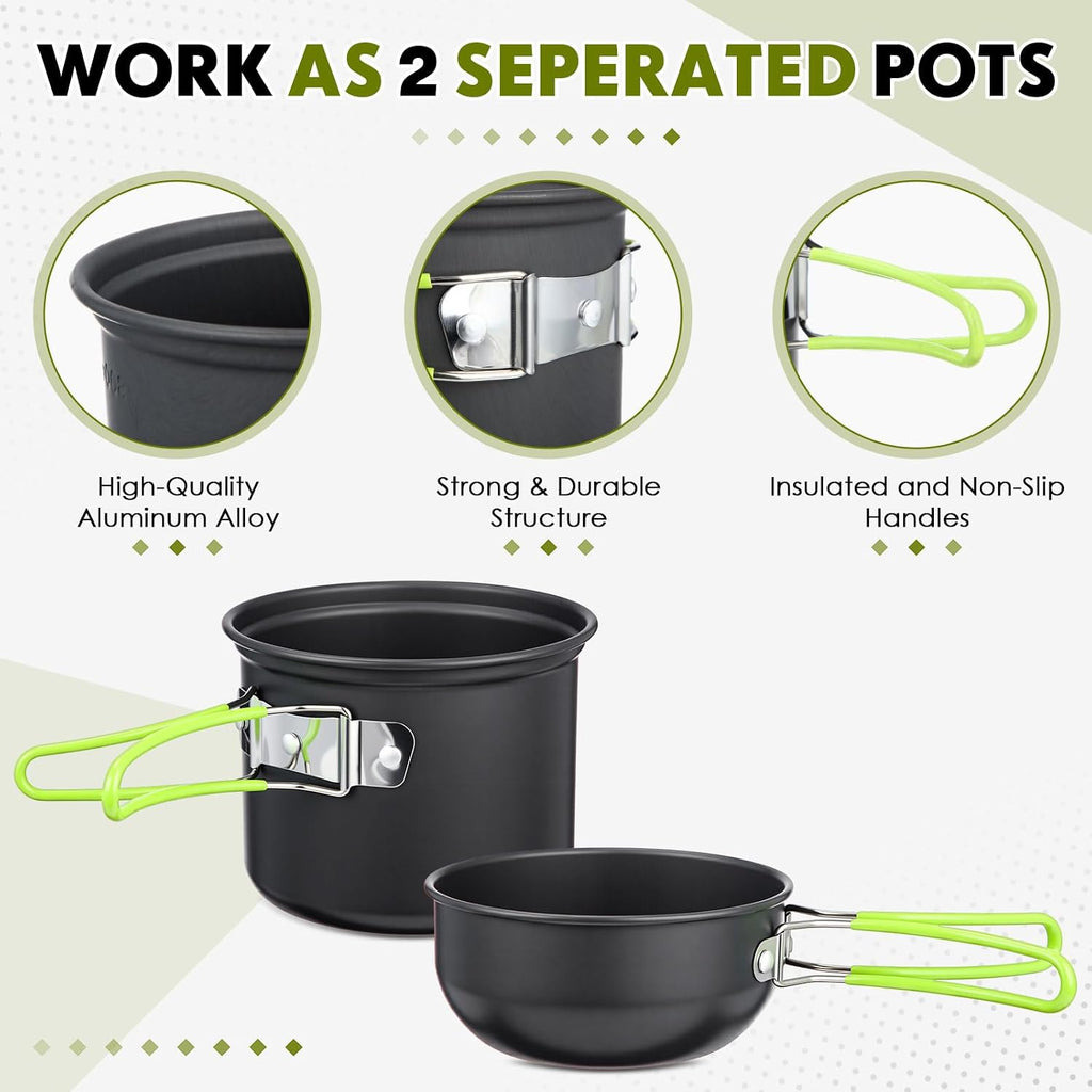 18-Pcs Camping Cookware Mess Kit for 2, Non-Stick Lightweight Pot Pan Set with Stainless Steel Cups & Plates, Folding