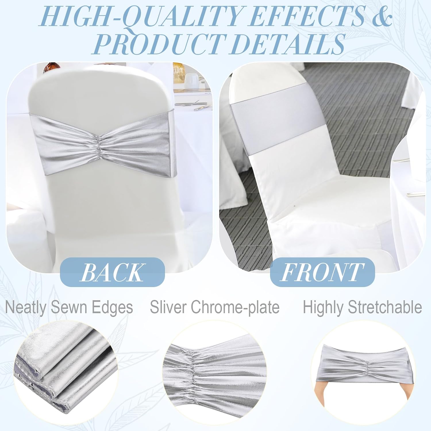 50 pcs Chair Sashes Shiny Bow Spandex Bands for Dining Chair Slipcover Wedding Banquet Parties Reception Restaurant