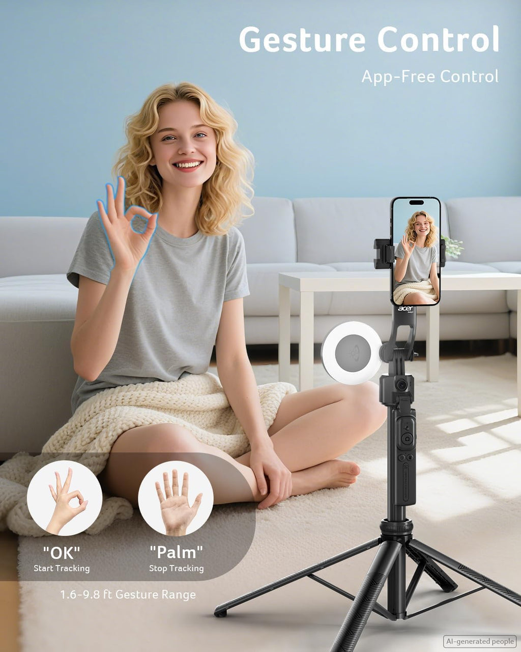 Gadget Auto Face Tracking Tripod for iPhone/Cell Phone/Android/Camera with Light and Remote, 64", No App