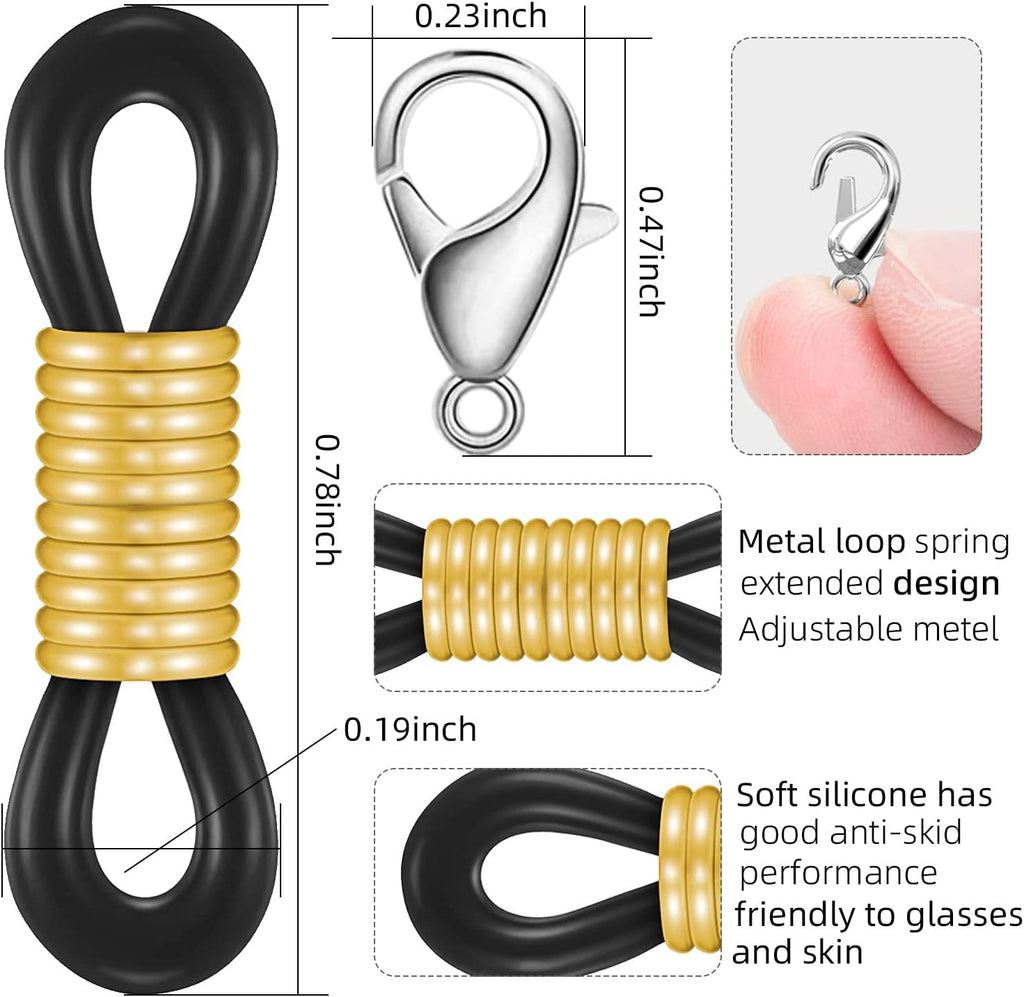Eyeglass Chain Ends, Eyeglass Chain Connector, 200 Pieces Adjustable Spring Rubber Ends Connectors, 100 Lobster Clasp