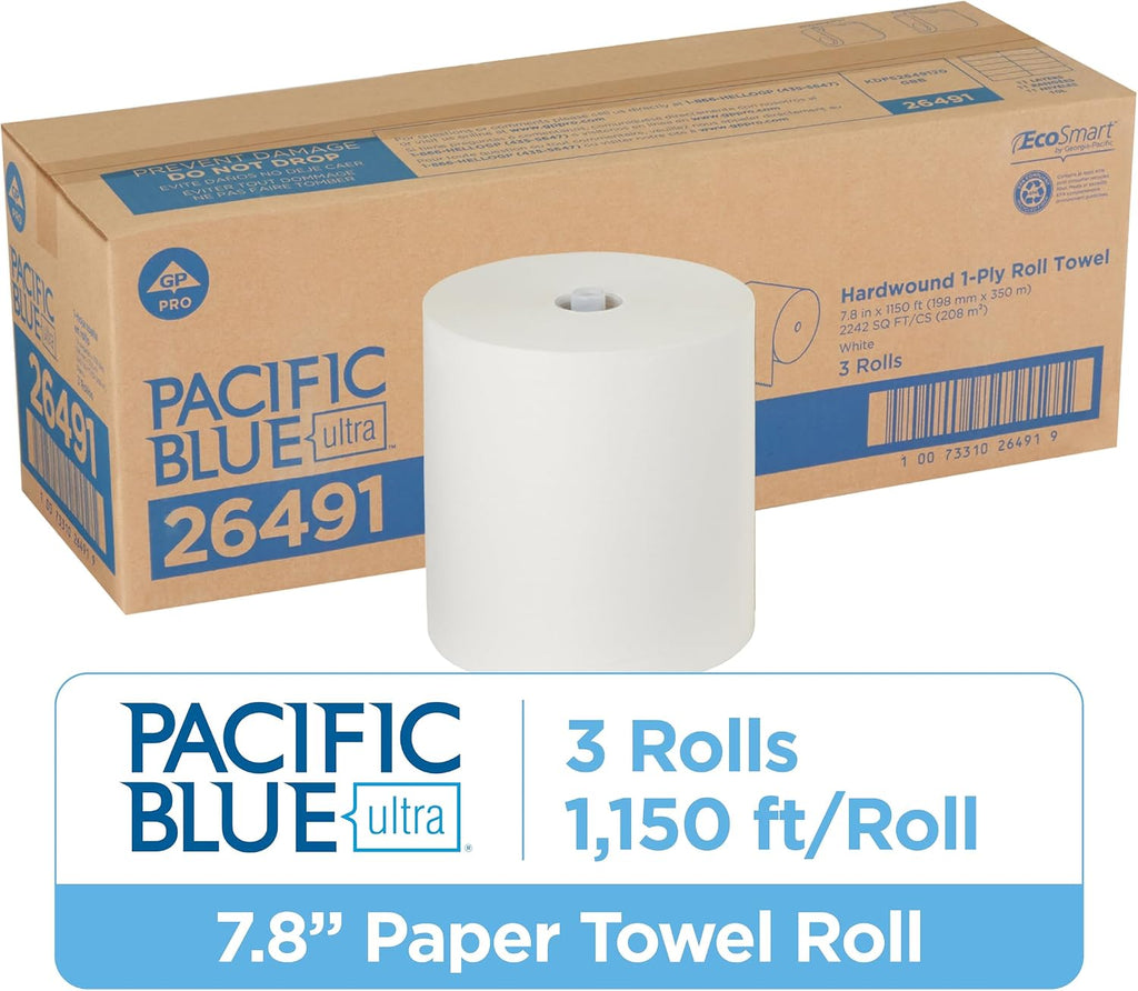 Pacific Blue Ultra 8'' High-Capacity Paper Towel Rolls, White, 26491, 1,150 Linear Feet Per Roll, 3 Rolls Per Case